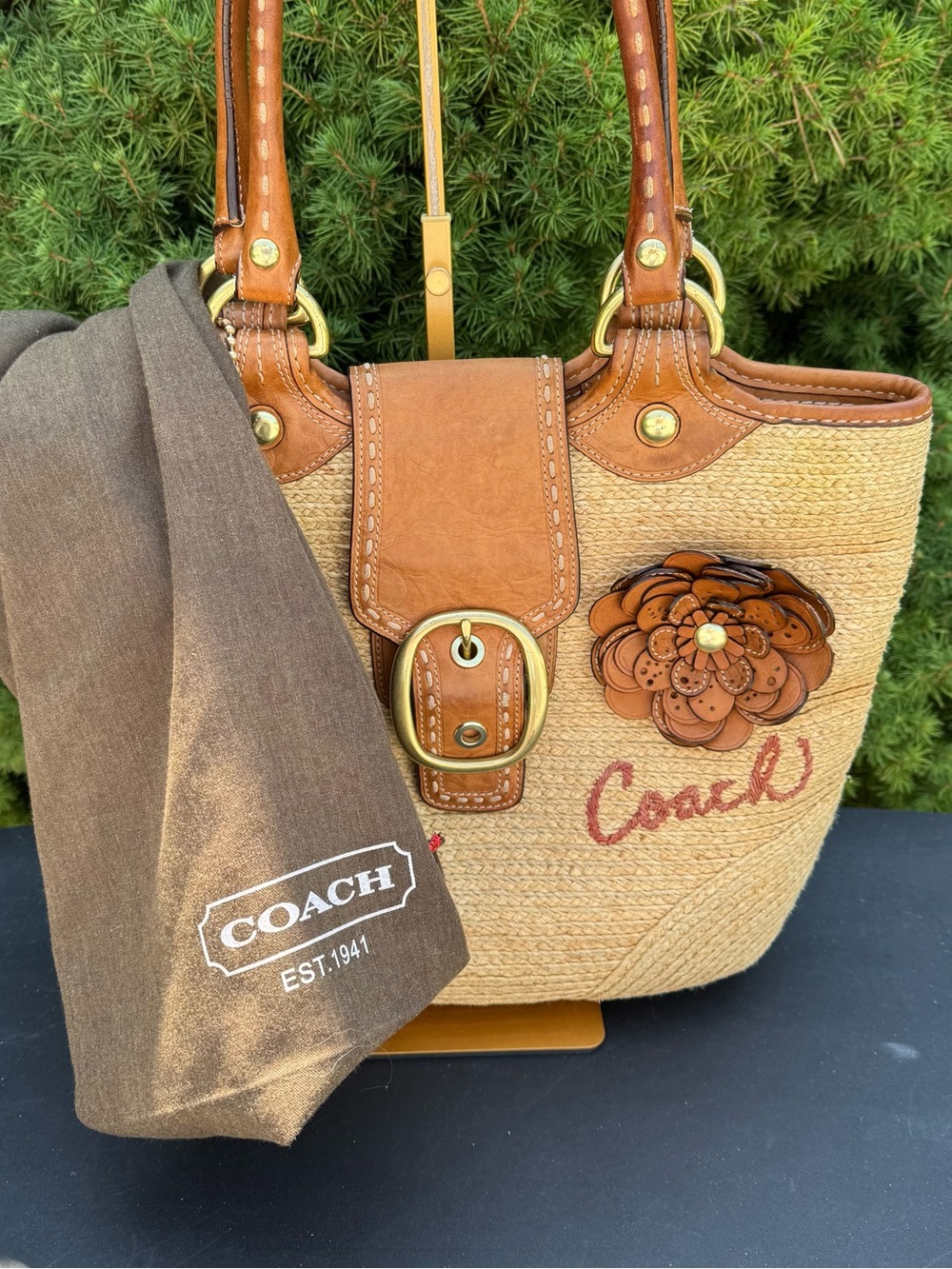 Coach Vintage Bleecker Straw Tote with Brown Leather Trim and Floral Accent